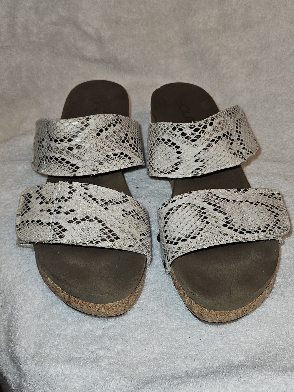 Double-Strap Snake-Print Wedge Slide Sandals in Cream
